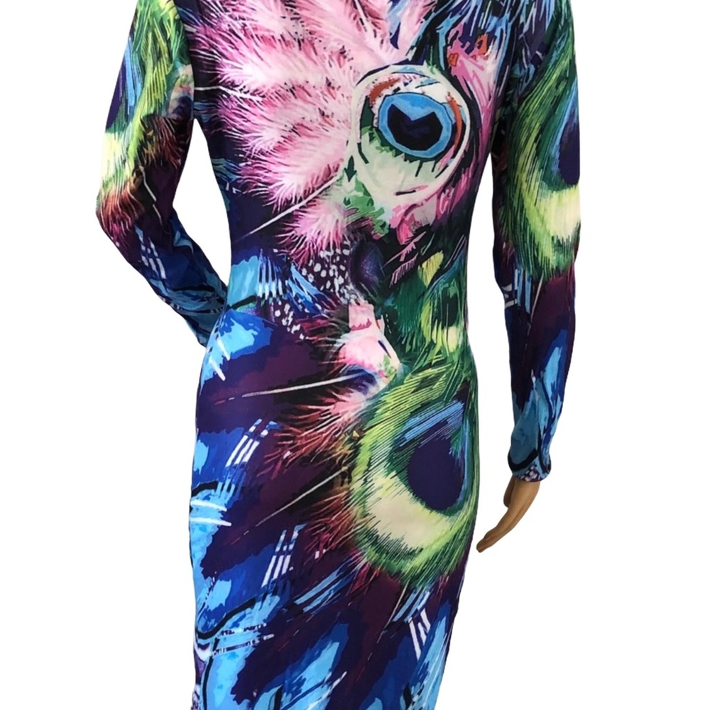 Peacock Feather Print Dress Long-sleeve Scoopneck stretchy jersey body-con fit S